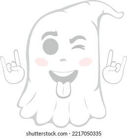 Vector illustration of a cartoon ghost, winking, with his tongue out, making the classic gesture of heavy metal with his hands