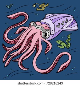Vector illustration of cartoon giant squid in sea. Coloring book with sea monster.