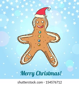Vector illustration of cartoon gingerbread man on snow blue  background, hand drawn technique