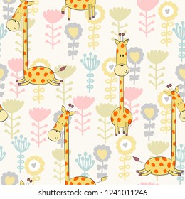 Vector illustration with cartoon giraffe with flowers. Seamless pattern