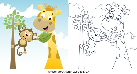 Vector illustration of cartoon giraffe with monkey on tree. Coloring book or page for kids 