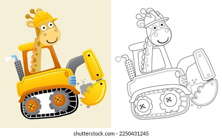 Vector illustration of cartoon giraffe on construction vehicle. Coloring book or page for kids 