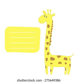 Vector illustration cartoon giraffe with place for your text. Cute card for wishes. Invitation card for party, birthday or baby shower. Childish template card 