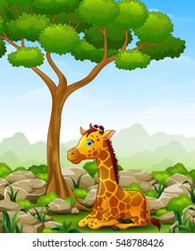 Vector illustration of Cartoon giraffe sitting in the jungle