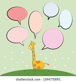 Vector illustration cartoon giraffe standing on a pink green background with multicolored speech bubbles.