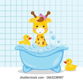 
Vector illustration of a cartoon giraffe and a yellow rubber duck in a soapy foam. Vector illustration with yellow rubber duck for baby shower.