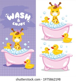 Vector illustration of a cartoon giraffe and a yellow rubber duck in a soapy foam. Vector illustration with yellow rubber duck for baby shower.