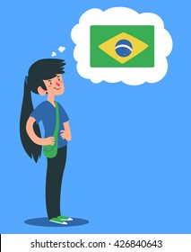 Vector illustration of a cartoon girl with bag, standing, thinking about a brazilian flag.