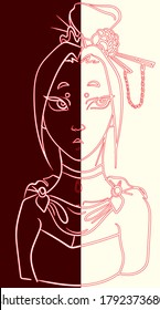 vector illustration of a cartoon girl, a beautiful Asian girl on dark and light background in the style of yin-yang