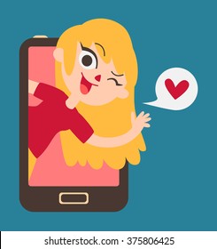 Vector illustration of a cartoon girl blinking, showing up on a cell phone screen, waving, next to a balloon with a heart inside.