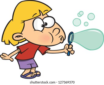 A Vector Illustration Of Cartoon Girl Blowing Bubbles