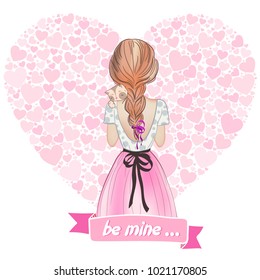 Vector illustration of a cartoon girl with a cat. Declaration of love. Valentine's Day. Wedding. Heart, background, banner