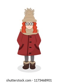 Vector illustration of cartoon girl character with curly red hair, glasses and winter clothes. Hand drawn cute cartoon kid full-length isolated on white background. EPS 10