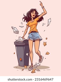 Vector Illustration, Cartoon Girl Character Throwing Garbage