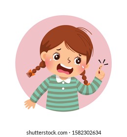 Vector illustration of cartoon girl crying because of bleeding blood from the cut finger wound. Health Problems concept.