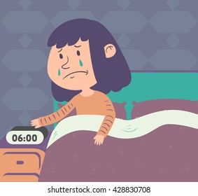 Vector illustration of a cartoon girl crying while getting up from bed.