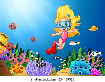 Vector illustration of Cartoon girl diving in the sea