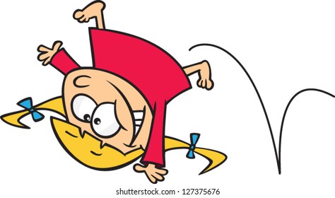 A vector illustration of cartoon girl doing cartwheels in a dress