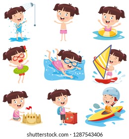 Vector Illustration Of Cartoon Girl Doing Various Activities