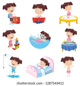 Vector Illustration Of Cartoon Girl Doing Various Activities