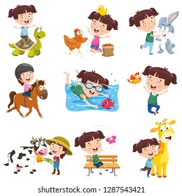 Vector Illustration Of Cartoon Girl Doing Various Activities