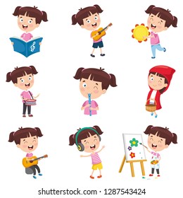 Vector Illustration Of Cartoon Girl Doing Various Activities