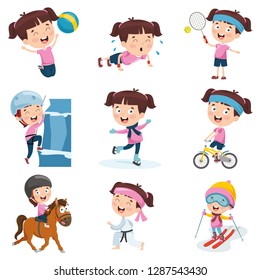 Vector Illustration Of Cartoon Girl Doing Various Activities