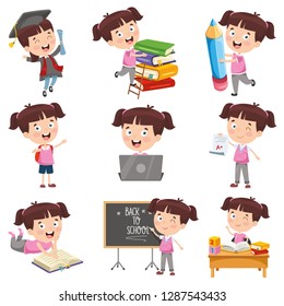 Vector Illustration Of Cartoon Girl Doing Various Activities