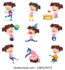 Vector Illustration Of Cartoon Girl Doing Various Activities