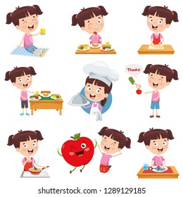 Vector Illustration Of Cartoon Girl Doing Various Activities