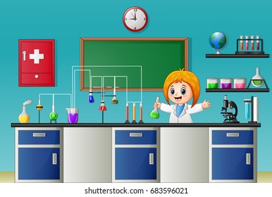 Vector illustration of Cartoon girl doing chemical experiment in the laboratory