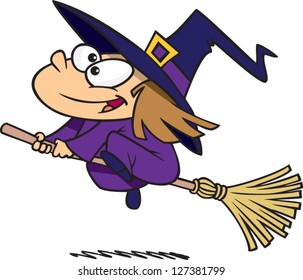 A vector illustration of cartoon girl dressed in a witch costume for Halloween and riding a broomstick