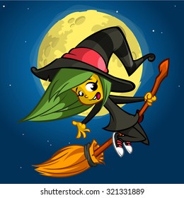 A vector illustration of cartoon girl dressed in a witch costume for Halloween and riding a broomstick. Cartoon witch on a broom