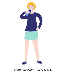 Vector illustration cartoon of girl drinking water from bottle. For banners, flyers, web,etc