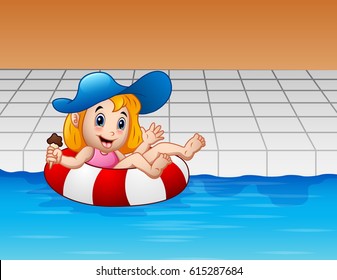 Vector illustration of Cartoon girl floating with lifebuoy in swimming pool