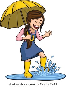 Vector illustration of a cartoon girl happily playing in a puddle of water, holding a yellow umbrella.