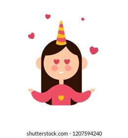 Vector illustration of a cartoon girl head with hearts in her eyes