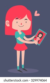 Vector illustration of a cartoon girl holding a portrait of her girlfriend.