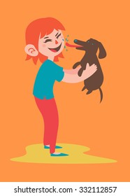 Vector illustration of a cartoon girl holding her happy dog, while it tries to lick her.