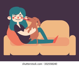 Vector illustration of a cartoon girl holding her beloved dog on her sofa. The dog is licking her face.