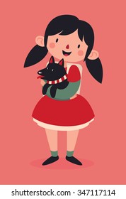 Vector illustration of a cartoon girl holding her new pet dog.
