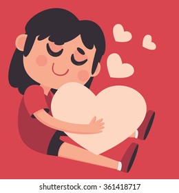 Vector illustration of a cartoon girl holding a big heart next to other small hearts flying.