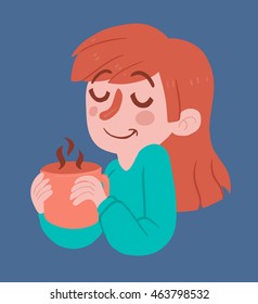 Vector illustration of a cartoon girl holding a cup with steam coming out of it.
