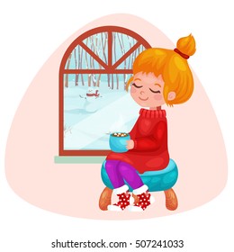 Vector illustration of a cartoon girl holding a cup with sweet hot chocolate, steam coming out of it