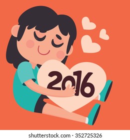 Vector illustration of a cartoon girl hugging the upcoming New Year 2016 with lots of love and hearts.