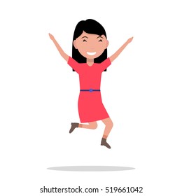 Vector illustration of a cartoon girl jumping of happiness. Picture isolated on white background. Flat style. Joyful fun bouncing female child. Teenager leaping for joy. Happiness emotion.