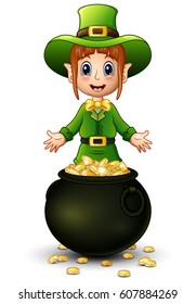 Vector illustration of Cartoon girl leprechaun presenting with a pot of gold coins