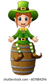 Vector illustration of Cartoon girl leprechaun waving with sitting on barrel
