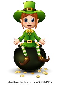 Vector illustration of Cartoon girl leprechaun sitting on pot of gold