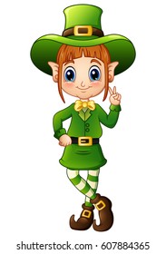 Vector illustration of Cartoon girl leprechaun peace hand gesture